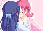  2girls aida_mana blue_hair blush braid closed_eyes dokidoki!_precure flipped_hair from_behind half_updo hishikawa_rikka kiss kuro_(be_ok) long_hair multiple_girls pink_background pink_hair precure short_hair simple_background surprise_kiss surprised yuri 