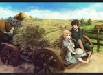  1girl :d barefoot bird bird_on_hand blonde_hair brown_eyes brown_hair cloud day dress dust green_eyes ground_vehicle happy hat hat_removed hay headwear_removed horse letterboxed long_hair open_mouth original pants rural short_hair sitting sky smile soa tree wagon 