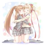  blonde_hair brown_hair closed_eyes hug kamikita_komari little_busters! long_hair multiple_girls natsume_rin one_eye_closed ponytail red_eyes ribbon school_uniform shijimi_kozou short_hair symmetry twintails 