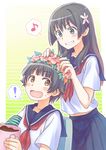  armband black_hair blue_eyes brown_eyes cup flower hair_flower hair_ornament head_wreath long_hair maruyama_en mug multiple_girls putting_on_headwear sakugawa_school_uniform saten_ruiko school_uniform serafuku short_hair skirt to_aru_kagaku_no_railgun to_aru_majutsu_no_index uiharu_kazari 