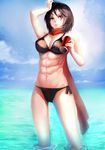  abs bikini black_bikini black_eyes black_hair blackrabbitsoul can hand_on_own_head mikasa_ackerman muscle navel ocean red_scarf scarf shingeki_no_kyojin short_hair side-tie_bikini soda_can solo swimsuit wading water 