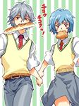  1girl ayanami_rei baguette blue_hair bread duplicate food food_in_mouth grey_hair katoh-r late_for_school mouth_hold nagisa_kaworu necktie neon_genesis_evangelion red_eyes running school_uniform skirt sweater_vest tegaki toast toast_in_mouth 