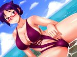  breasts casual_one-piece_swimsuit cloud day dutch_angle folded_ponytail glasses highres large_breasts navel nokoppa one-piece_swimsuit partially_submerged pink_eyes purple_hair red-framed_eyewear ridget_(suisei_no_gargantia) semi-rimless_eyewear short_hair sky solo spread_legs suisei_no_gargantia swimsuit under-rim_eyewear wet 