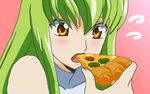  bad_id bad_pixiv_id bare_shoulders blush c.c. code_geass eating food green_hair holding_pizza long_hair narusemi pizza slice_of_pizza solo yellow_eyes 