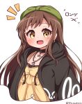  1girl :d alternate_hair_length alternate_hairstyle bang_dream! black_jacket blush brown_eyes brown_hair cropped_torso drawstring dress earrings hazawa_tsugumi highres hood hood_down hooded_jacket jacket jewelry long_hair looking_at_viewer notice_lines open_clothes open_jacket simple_background smile solo translation_request twitter_username upper_body very_long_hair white_background yellow_dress yuya090602 