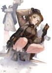  1girl arm_up black_footwear breasts bullpup coat girls&#039;_frontline gloves gun hand_on_headwear hat highres light_brown_hair looking_at_viewer official_alternate_costume p90 p90_(girls&#039;_frontline) p90_(the_girl_from_b.e.l)_(girls&#039;_frontline) phone red_eyes squatting submachine_gun weapon yakupan 