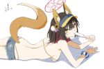  1girl animal_ear_fluff animal_ears ass bikini black_hair blue_archive blue_shorts breasts eating eyeshadow food fox_ears fox_tail gomibako_(gomibako_price) halo highres holding holding_food izuna_(blue_archive) izuna_(swimsuit)_(blue_archive) looking_at_viewer lying makeup official_alternate_costume on_stomach popsicle red_eyeshadow red_halo short_hair short_shorts shorts simple_background small_breasts solo swimsuit tail white_background yellow_eyes 