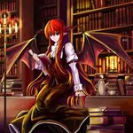  arm_belt ascot bat_wings book book_stack bookmark bookshelf breasts candle cup dress_shirt fullerene head_wings holding holding_book koakuma large_wings library long_hair long_sleeves looking_at_viewer low_wings medium_breasts open_book pointy_ears reading red_eyes red_hair shirt sitting skirt skirt_set smile solo teacup teapot touhou very_long_hair vest voile white_shirt wings 