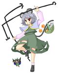  animal_ears basket black_wings brooch dragon_ball dragon_ball_(object) flying full_body gem jewelry leg_up mouse_ears mouse_tail multiple_girls nazrin parody red_eyes reiuji_utsuho simple_background standing standing_on_one_leg sweatdrop tail touhou urushi white_background wings 