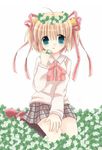  bad_id bad_pixiv_id black_legwear blonde_hair blue_eyes bow eyebrows_visible_through_hair field flower flower_field hair_ornament hair_ribbon highres hoshimame_mana kamikita_komari kneehighs kneeling little_busters! pink_bow plaid plaid_skirt ribbon school_uniform seiza shoes short_hair sitting skirt solo star star_hair_ornament tongue tongue_out two_side_up 