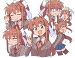  2girls anger_vein angry arms_behind_back blue_eyes bow bowtie brown_hair brown_jacket brown_thighhighs closed_eyes collared_shirt doki_doki_literature_club green_eyes hair_bow jacket laughing long_hair looking_at_viewer monika_(doki_doki_literature_club) multiple_girls nervous_sweating ponytail red_bow red_bowtie red_ribbon ribbon sayori_(doki_doki_literature_club) school_uniform shirt simple_background sweat sweatdrop thighhighs tsubobot undershirt uniform white_background white_bow 