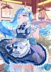  1girl absurdres apron aqua_hair cup faruzan_(cafe)_(genshin_impact) faruzan_(genshin_impact) floating_hair frilled_skirt frills genshin_impact hair_ornament hand_on_own_hip highres indoors long_hair looking_at_viewer maid maid_apron maid_headdress official_alternate_costume one_eye_closed parted_lips shirt short_sleeves skirt symbol-shaped_pupils teacup teapot thighhighs tray triangle-shaped_pupils twintails viclim-monou white_apron white_shirt white_thighhighs x_hair_ornament zettai_ryouiki 