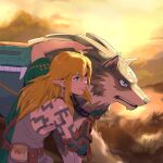  blonde_hair blue_eyes canid canine canis clothing duo elf feral fur grass hair hi_res humanoid humanoid_pointy_ears hylian light_body light_skin link link_(wolf_form) long_hair male mammal markings nintendo plant square_crossover stupjam tears_of_the_kingdom the_legend_of_zelda wolf 