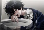  1boy absurdres bags_under_eyes black_eyes black_hair blue_jacket blush dashed_eyes grey_background highres imai_akira jacket long_sleeves male_focus open_mouth original runny_nose saliva shirt snot solo sweat tears toilet track_jacket white_shirt 