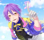  1boy blonde_hair blue_hair closed_mouth highres kamishiro_rui long_sleeves looking_at_viewer male_focus multicolored_hair multiple_boys open_mouth project_sekai purple_hair shirt short_hair smile streaked_hair two-tone_hair yellow_eyes yuyht1758 