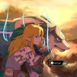  blonde_hair blue_eyes canid canine canis clothing duo elf english_text feral fur gameplay_mechanics grass hair hi_res humanoid humanoid_pointy_ears hylian light_body light_skin link link_(wolf_form) long_hair male mammal markings nintendo plant square_crossover stupjam tears_of_the_kingdom text the_legend_of_zelda wolf 