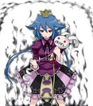  7th_dragon 7th_dragon_(series) amami_amayu animal_ears blue_hair cat_ears crown dress long_hair momomeno_(7th_dragon) princess_(7th_dragon) purple_eyes short_hair solo stuffed_animal stuffed_bunny stuffed_toy 