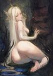  1girl anus ass barefoot breasts bridal_gauntlets dark_souls_(series) dark_souls_i dusk_of_oolacile english_commentary full_body highres long_hair medium_breasts nat_the_lich nude on_ground outdoors plant pussy sideboob soles solo tiara toes very_long_hair white_hair 