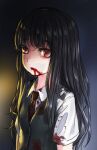  1girl black_hair blood blood_from_mouth blood_on_clothes blood_on_face broiler collared_shirt expressionless fang highres long_hair looking_at_viewer necktie original parted_lips red_eyes shirt solo upper_body vest white_shirt 