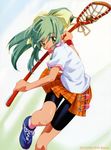  artist_request bike_shorts copyright_request green_eyes green_hair lacrosse long_hair non-web_source plaid plaid_skirt ponytail skirt solo 