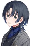  1girl absurdres black_sweater blue_eyes blue_hair blue_shirt collared_shirt curtained_hair dark_blue_hair earclip glint grey_suit highres hiodoshi_ao hololive hololive_dev_is jewelry koeru_(kiyomiya_shizuka) looking_at_viewer mole mole_under_mouth necklace parted_lips portrait shirt short_hair simple_background solo striped_suit suit sweater virtual_youtuber white_background 