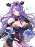 1girl bare_shoulders black_panties breasts bug butterfly camilla_(fire_emblem) camilla_(resplendent)_(fire_emblem) cleavage covered_navel cowboy_shot fake_horns fire_emblem fire_emblem_fates fire_emblem_heroes gloves hair_over_one_eye highres horns large_breasts long_hair looking_at_viewer official_alternate_costume panties purple_eyes purple_gloves purple_hair simple_background smile solo thighs underwear wavy_hair white_background zqzbq 
