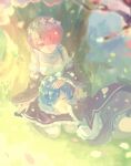 2girls against_tree bare_shoulders blue_hair commentary_request detached_sleeves dress frills hair_ornament hair_over_one_eye hair_ribbon harusabin highres lap_pillow maid maid_headdress multiple_girls on_grass outdoors pink_eyes pink_hair pink_ribbon purple_ribbon ram_(re:zero) re:zero_kara_hajimeru_isekai_seikatsu rem_(re:zero) ribbon ribbon-trimmed_clothes ribbon_trim roswaal_mansion_maid_uniform short_hair siblings sisters sleeping smile tree twins x_hair_ornament 