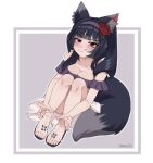  1girl animal_ear_fluff animal_ears blunt_bangs blush breasts breasts_squeezed_together commission commissioner_upload dress feet flower fox_ears fox_girl fox_tail hands_on_own_feet highres knees legs mikan_(rayer) original presenting_foot red_eyes red_flower red_rose rose sandals signature slit_pupils smirk tail toenails toes twintails vanabette 