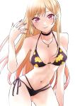  1girl absurdres akira-iwata barbell_piercing bikini black_bikini black_choker blonde_hair blush breasts choker cleavage colored_tips ear_piercing earrings fake_nails floral_print gyaru highres industrial_piercing jewelry kitagawa_marin long_hair looking_at_viewer multi-strapped_bikini_bottom multicolored_hair navel necklace piercing pink_nails print_bikini red_eyes solo sono_bisque_doll_wa_koi_wo_suru swimsuit 