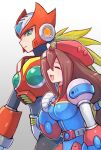  1boy 1girl ^_^ android armor belt beret blonde_hair breasts brown_hair closed_eyes dress forehead_jewel gloves gradient_background green_eyes grey_background hair_between_eyes hat helmet iris_(mega_man) izapara joints large_breasts long_hair low-tied_long_hair mega_man_(series) mega_man_x4 mega_man_x_(series) open_mouth ponytail red_armor red_hat red_helmet robot robot_girl robot_joints smile solo very_long_hair white_background white_gloves zero_(mega_man) 