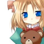  1girl :&lt; ayabisu blonde_hair blue_eyes blush curtained_hair iris_chateaubriand looking_at_viewer lowres parted_bangs puffy_sleeves sakura_taisen solo stuffed_animal stuffed_toy teddy_bear 