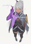  1girl absurdres bodysuit breasts bullet closed_mouth dark-skinned_female dark_skin from_above full_body girls&#039;_frontline girls&#039;_frontline_2:_exilium grey_hair highres nemesis_(girls&#039;_frontline_2) ponytail purple_eyes solo standing vinnie_cheeks 