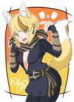  1girl absurdres amagumo1023 animal_ears blonde_hair breasts cleavage cosplay dated fire_emblem fire_emblem_fates fox_ears fox_tail highres kaden_(fire_emblem) kaden_(fire_emblem)_(cosplay) kitsune medium_breasts multicolored_hair orange_hair scarf selkie_(fire_emblem) streaked_hair striped_clothes striped_scarf tail two-tone_hair yellow_eyes 