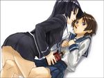  black_hair blue_eyes brown_hair food fukutarou_(enji127) ga-rei ga-rei_zero isayama_yomi leg_between_thighs long_hair multiple_girls pocky pocky_kiss school_uniform serafuku shared_food short_hair tsuchimiya_kagura yuri 