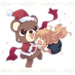  aisaka_taiga bear border brown_hair christmas dress hat hug long_hair santa_costume santa_hat scarf sparkle takamura_masaya toradora! 