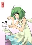  ahoge dancing green_hair macross macross_frontier makishima_azusa nyan-nyan_dance open_mouth orange_eyes ranka_lee scarf short_hair solo 