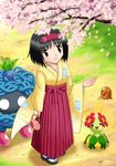  bellossom black_hair brown_eyes cherry_blossoms diglett erika_(pokemon) furisode gen_1_pokemon gen_2_pokemon gym_leader hairband japanese_clothes kimono oddish pokemoa pokemon pokemon_(creature) pokemon_(game) pokemon_frlg pouch tangela 