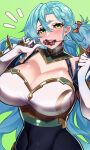  1girl absurdres aqua_hair bare_shoulders breasts ceroccb chloe_(fire_emblem) cleavage commentary fire_emblem fire_emblem_engage food green_background green_eyes highres holding holding_food holding_skewer huge_breasts long_hair looking_at_viewer meat skewer smile solo upper_body very_long_hair 