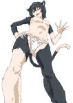  1girl animal_ears black_fur black_hair body_fur cat_ears cat_girl cat_tail commentary_request dungeon_meshi feet_out_of_frame fingernails hand_on_own_hip hand_up hashiguchi_takashi highres izutsumi sharp_fingernails short_hair simple_background solo standing tail underwear underwear_only white_background white_fur white_loincloth yellow_eyes 