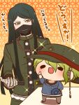  2boys amami_rantaro bandaged_hand bandages belt black_belt black_eyes black_footwear black_hair black_mask blue_shirt blue_sleeves blunt_ends brown_pants buttons chain chain_necklace chibi collared_jacket commentary_request covered_mouth cowboy_shot danganronpa_(series) danganronpa_v3:_killing_harmony eyelashes gakuran gradient_background green_eyes green_hair green_hat green_jacket green_pants green_sleeves hair_between_eyes hand_on_own_cheek hand_on_own_face hand_on_own_hip hat jacket jewelry layered_sleeves light_blush long_hair long_sleeves looking_at_another male_focus mask mouth_mask multiple_boys multiple_bracelets necklace on_table open_mouth orange_background outstretched_hand oversized_hat pants patterned_background peaked_cap pendant school_uniform shadow shinguji_korekiyo shirt shoes short_hair shoulder_spikes sidelocks simple_background sleeves_past_elbows smile solid_oval_eyes sparkle spikes standing straight_hair striped_clothes striped_shirt table translation_request v-shaped_eyebrows vertical-striped_sleeves very_long_hair white_undershirt yumaru_(marumarumaru) zipper 