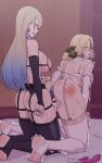  2girls absurdres anal anal_object_insertion black_garter_belt black_thighhighs blonde_hair breath bridal_gauntlets butt_plug cocolia_rand colored_tips dildo female_pubic_hair garter_belt garter_straps highres honkai:_star_rail honkai_(series) jewel_butt_plug multicolored_hair multiple_girls nipple_piercing nose_hook object_insertion piercing pubic_hair pussy pussy_juice serval_landau sex sex_toy strap-on streaked_hair thighhighs trembling ukaya_masaru vaginal white_thighhighs yuri 