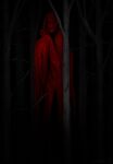  2024 ambiguous_gender black_eyes branch clothed clothing detailed_background digital_media_(artwork) face_covered flayfright forest hi_res hidden hidden_face hood horror_(theme) looking_at_viewer monster plant red_clothing scary solo standing tall tree 