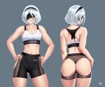  1girl ass black_blindfold black_hairband blindfold breasts cleavage finalcake grey_background hairband hip_vent medium_breasts multiple_views navel nier:automata nier_(series) short_hair short_shorts shorts simple_background sports_bra stomach white_hair 
