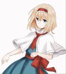  1girl alice_margatroid blonde_hair blue_dress blue_eyes bow capelet commentary_request dress expressionless frilled_sleeves frills hair_between_eyes hairband long_hair looking_at_viewer necktie raki_(for03ge) red_bow red_hairband red_necktie red_sash sash short_sleeves simple_background solo touhou upper_body white_background white_capelet 