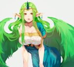  1girl circlet dragon_wings fire_emblem fire_emblem_echoes:_shadows_of_valentia green_hair green_wings hair_wings horns jewelry jurge looking_at_viewer mila_(fire_emblem) pointy_ears single_bare_shoulder single_horn wings 