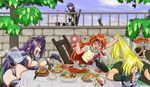  2girls angry charging cockatoo_(artist) day eating fighting food gourry_gabriev hair_pull lina_inverse magic multiple_boys multiple_girls naga_the_serpent outdoors slayers xelloss 