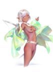  1girl ascot belt bigrbear bottomless breasts cleft_of_venus cropped_legs dark-skinned_female dark_skin grey_hair hair_ornament highres holding holding_sword holding_weapon looking_at_viewer medium_breasts navel nipples open_clothes open_shirt original pink_eyes pointy_ears pussy short_hair solo sword uncensored weapon white_background 