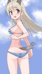  1girl animal_ears ass bikini blonde_hair blue_eyes blush breasts butt_crack eila_ilmatar_juutilainen fox_ears fox_tail highres long_hair looking_back medium_breasts open_mouth remoso sideboob sky smile solo strike_witches striped_bikini striped_clothes swimsuit tail world_witches_series 