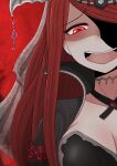  1girl amamitsu9 bare_shoulders breasts corruption dark_persona dress evil_smile fire_emblem fire_emblem_engage highres long_hair lumera_(fire_emblem) mature_female open_mouth red_eyes red_hair simple_background smile solo tiara 
