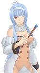  bare_shoulders breasts cleavage large_breasts light_blue_hair long_hair one_eye_closed quiz_magic_academy red_eyes satsuki_(quiz_magic_academy) signature sketch smile solo wand yukihiro 